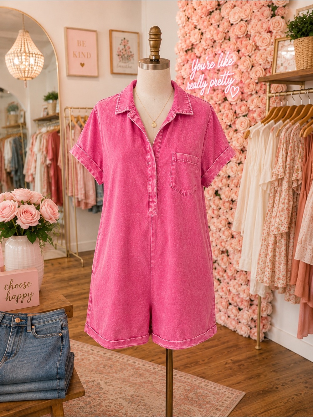 Zenana Women’s Pink Tencel Romper Button Front Pockets Soft Short Sleeve S M L